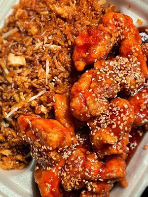 Sesame Chicken with fried rice.