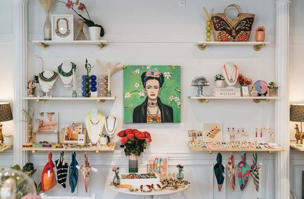 Inspired by many things, including artist Frida Kahlo, our shop has lots of vibrant accessories and art