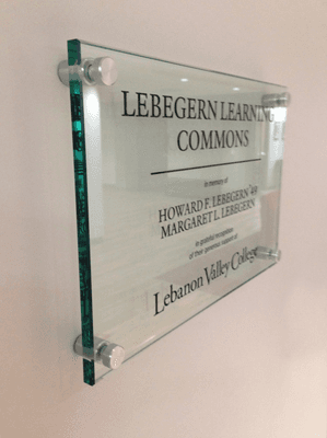 Engraved and paint-filled Glass Dedication Plaque designed and produced by Micheners for the Lebanon Valley College Lebegern ...