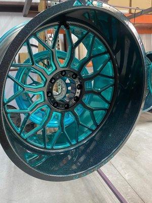 axe forged wheels in a cool teal, black & flaky clear combinatiom