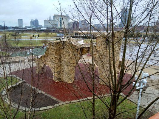 View of rock climbing area and playground from the water tower.