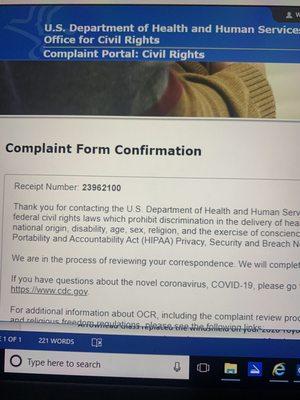 US Department of Health Complaint