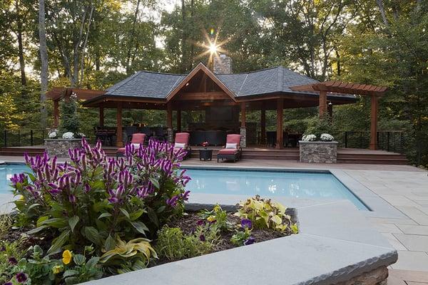 Pool Pavilion with Outdoor Kitchen and Dining Area with Fireplace