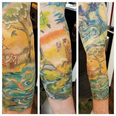 This calvin and hobbs full sleeve is in progress and the top is starry night!! So much fun and a rad client!..mace