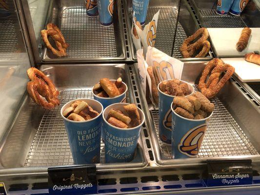 Freshly made pretzels in display case