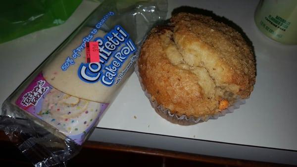 Funfetti cake roll (free with my Sheetz card today) and a triple peanut butter muffin.