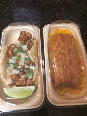 Al pastor taco and steak tamale- meh