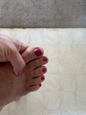 Toes-- no callus or cuticle removal, barely any 'scrub' action for a SPA PEDICURE. Paint job is decent.