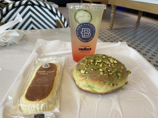 New donut and drink 24oz Watermelon Cucumber Refresher Pistachio king cream donut Soft Cheese Cake