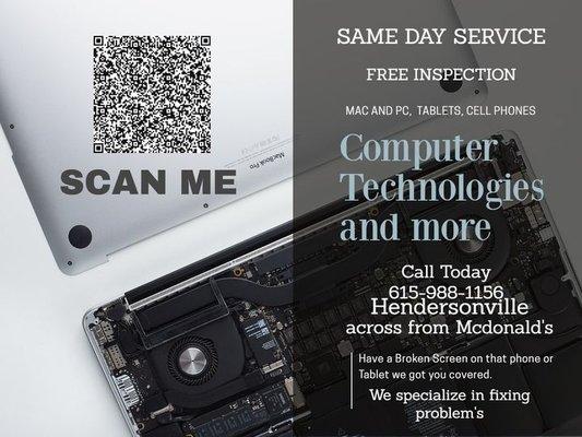 Same day service on all Computers tablets and phones..