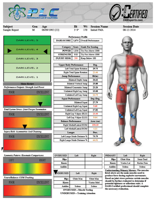 The 1st page of our report that explains an overview of your score based on your power, strength, and injury risk.