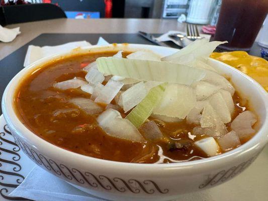 Waffle House chili with chopped, raw onion.