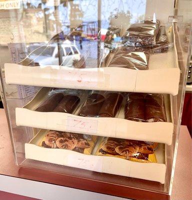 Desserts case with choc wafers, cookies and brownies