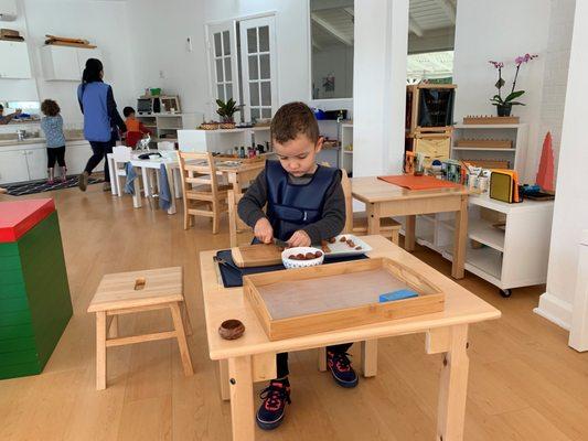 Primary Student working on cutting fruit independently at Shadowridge Montessori School