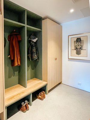 Mudroom featuring individual cubbies for all of you daily activities with floor to ceiling storage for winter wears.