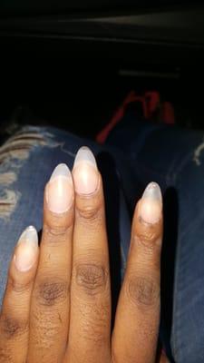 How I left with unfinished terrible shaped nails. Don't know how to do stilleto then don't try!! Not your guinea pig!