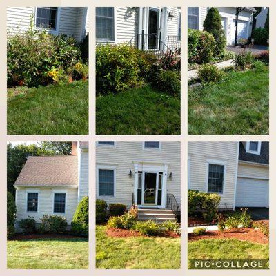 Before and after pic of weeding and fresh red cedar mulch.