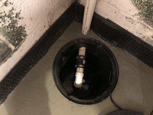 The installed sump pump to expel the accumulated water. Clean and to spec.