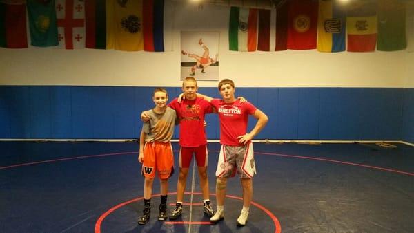 Wrestling training: L to R: Greg 4th place Massachusetts, Evan 1st place Massachusetts, Ramazan Russian Cadet National Champion