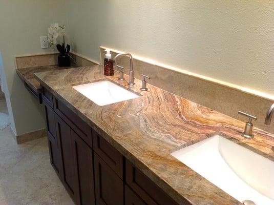 Natural quartz granite slab with rectangle under-mount sinks.