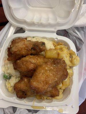 Pineapple Chicken, Mac and Cheese, macaroni salad