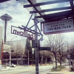 View from our immigration law office!  Our immigration attorneys are located at 2nd Ave and Denny Way, near the Seattle Center.