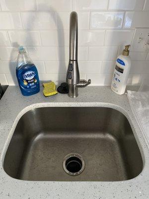 Deep stainless sink with a retractable hose sprayer at The Standard Apartment Community in the beautiful Spruce Hill area of Philadelphia.