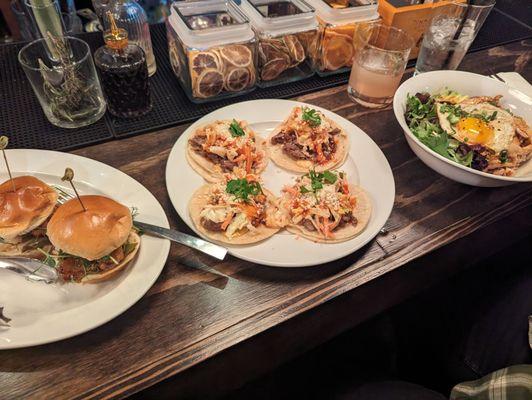 Left to right. Hot honey sliders, street tacos, and yakitori bowl.