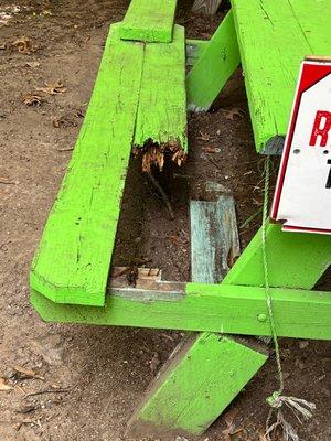 Broken and dangerous picnic bench seating