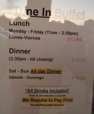 Prices for the Buffet