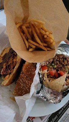 Chicken wrap & pastrami burger & fries