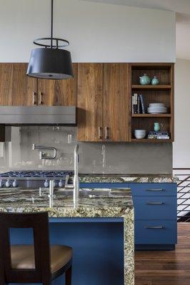 Modern Kitchen Walnut Blue Cabinets