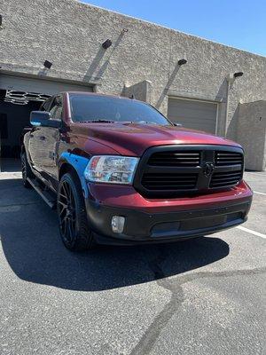 Changed the look on this beautiful Ram with a Chrome Delete, window tint and wheels and tires.