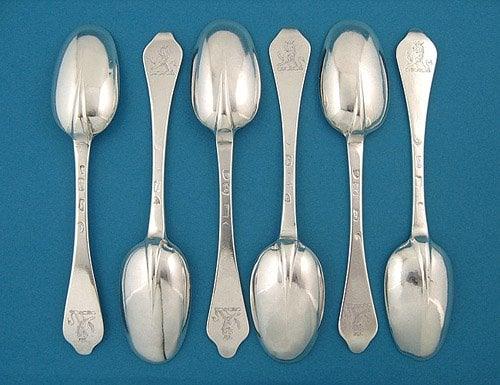 Set of 6 Queen Anne Britannia Silver Dognose (Wavy-End) Tablespoons