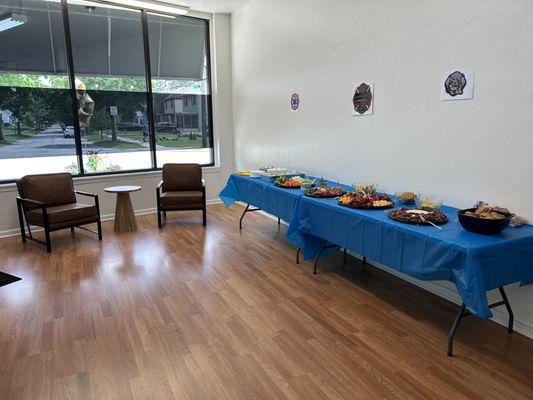 A glance at our guest-arranged food tables, set up for a special event in Toledo.