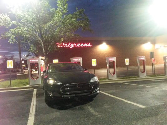 Awesome Tesla charging park, right in the Walgreens parking lot