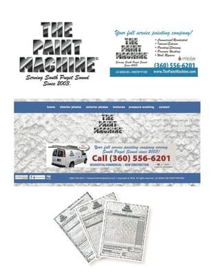 The Paint Machine painting company website, vehicle decals, forms, logo and company branding.