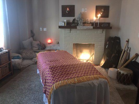 We have a fireplace! This is the massage space on 228 E Anapamu St, Suite 203