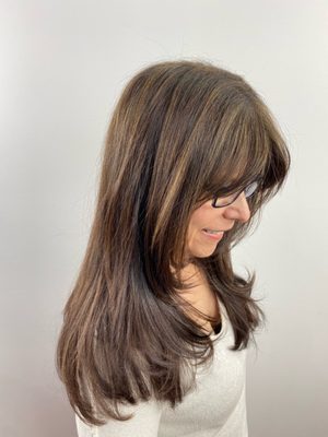 A gray blend with a subtle highlight is the best way to cover gray but keep it natural looking with some dimension! Done by Brenda