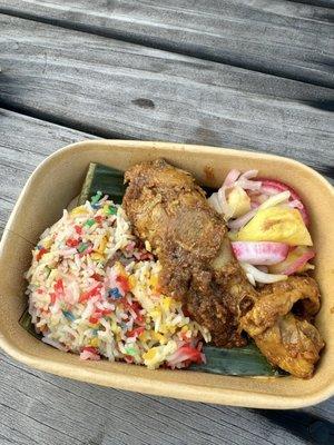 Ayam masak merah with spicy tomato chicken, rainbow ghee rice, and pickled cucumber, pineapple, and onion