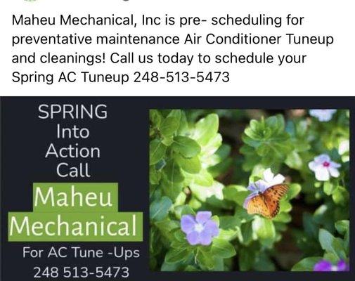 Call Maheu Mechanical, Inc. Today for your Annual Spring AC Tuneup & Safety Inspection