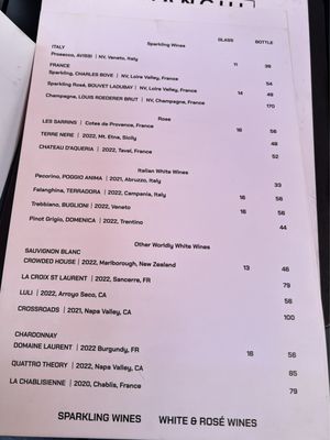 Sparkling, White and Rosé wine list