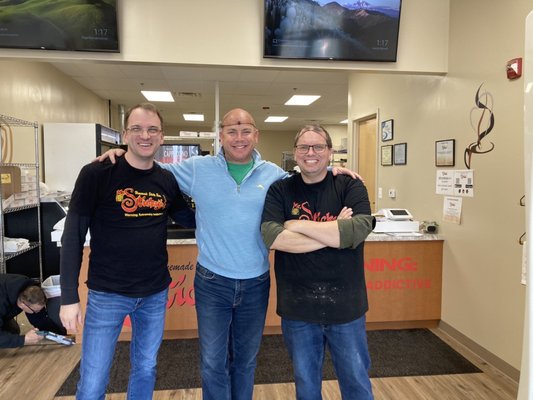 Mr. Sticky's owners, childhood friends Mark and Rob...and of course me in the middle. They even gave me a hairnet!!!