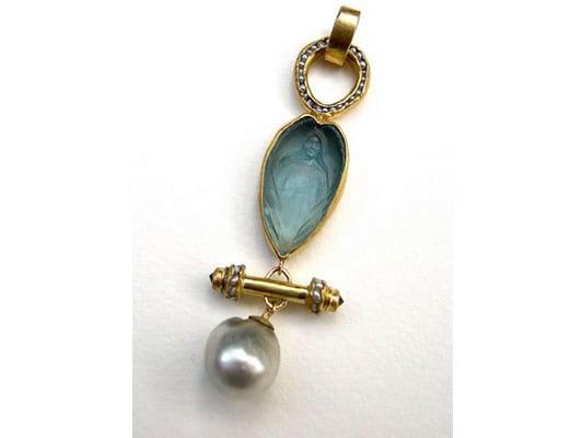 Chuck Nash for Mansoor & Gore with carved angel aqua and Tahitian pearl 18kt toggle.