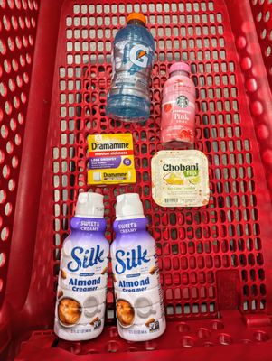 Silk Almond Creamer Sweet & Creamy $4.99 each. Chobani $1.49. Gatorade $1.79. Starbucks Pink Drink $3.49. Dramamine $3.99. $21.47 after tax.