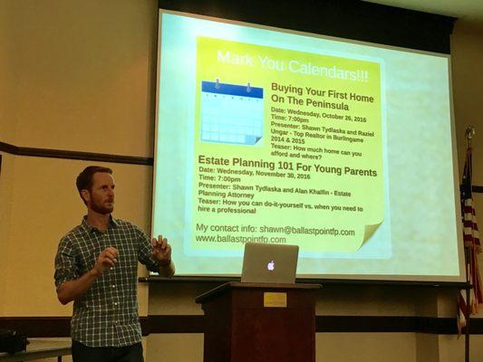 Workshop on the top financial tips for young professionals at the Burlingame Library.