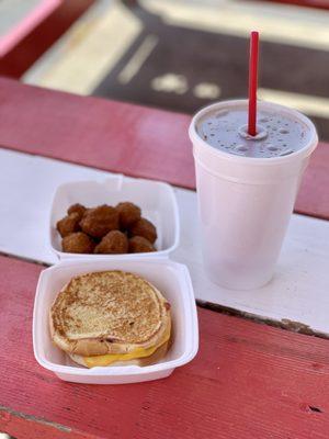 Grilled cheese, mushrooms, Coke Zero