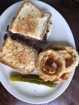 Patty Melt with onion rings