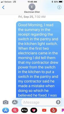 Text conversation with Elliot Electric regarding Shaun's faulty wiring