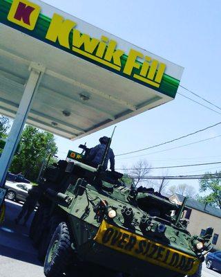 Stryker military vehicle filling up . . .